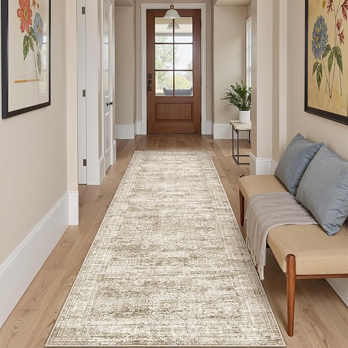 Washable Runner Rug, 2'6" x 8' Non-Slip Kitchen Vintage Foldable Hallway Runners for Entryway, Laundry, Bedroom, Brown