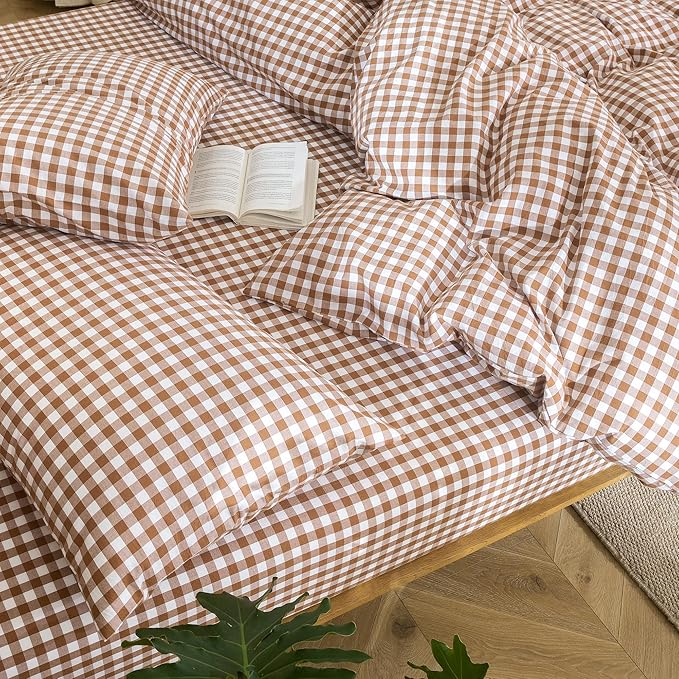 MooMee Gingham Duvet Cover Set 100% Washed Cotton Linen Like Textured Breathable Durable Soft Comfy Modern Checkered Design (Dark Orange Gingham, Oversized Queen 98"x98")