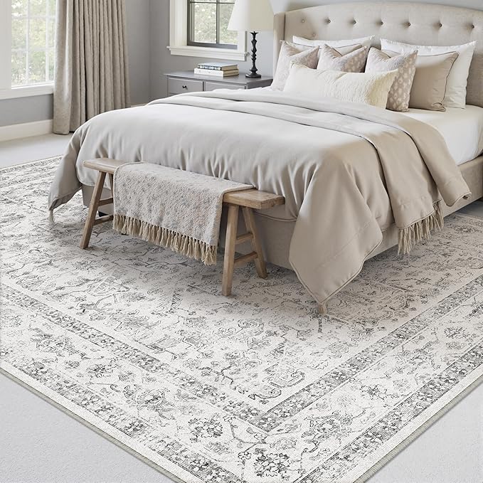 Grey 8x10 Area Rug Vintage Washable Living Room Carpet Non Slip Bedroom Indoor Office Low Pile Large Traditional Distressed Retro Accent Rug for Dining Room Bathroom Kitchen