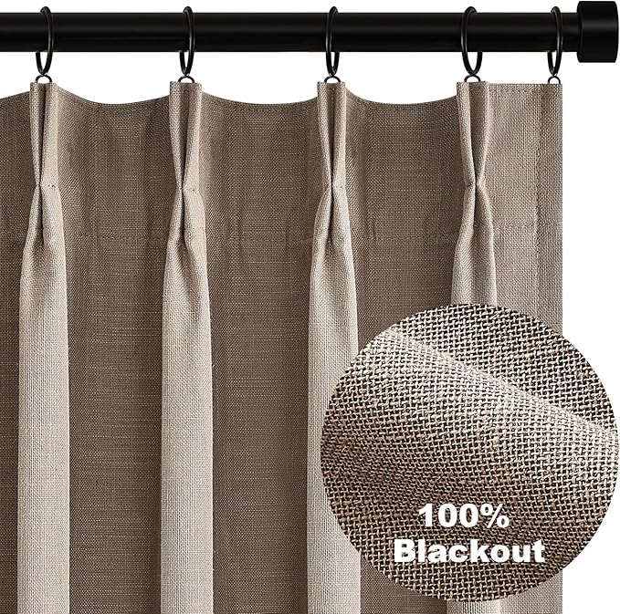 Topfinel Extra Long Total Blackout Linen Curtains 120 Inches Long for Living Room Large Window with Hooks Rings, Pinch Pleated Cold Blocking Acoustic Heavy Taupe Track Curtains 2 Panels 10 FT