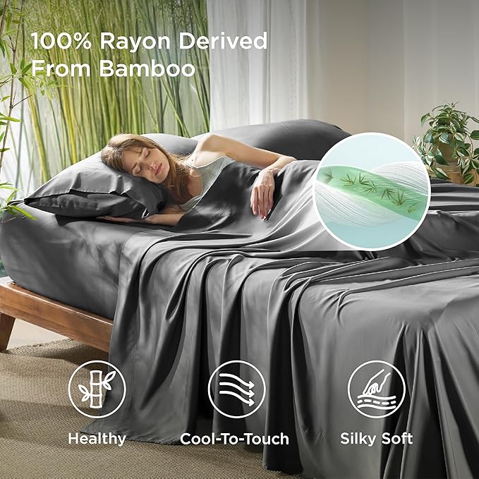 Bedsure King Size Sheets Set, Cooling Sheets for Hot Sleepers, Rayon Derived from Bamboo, Breathable & Soft, Deep Pocket Up to 16 Inches, Hotel Luxury Silky Bedding, Grey