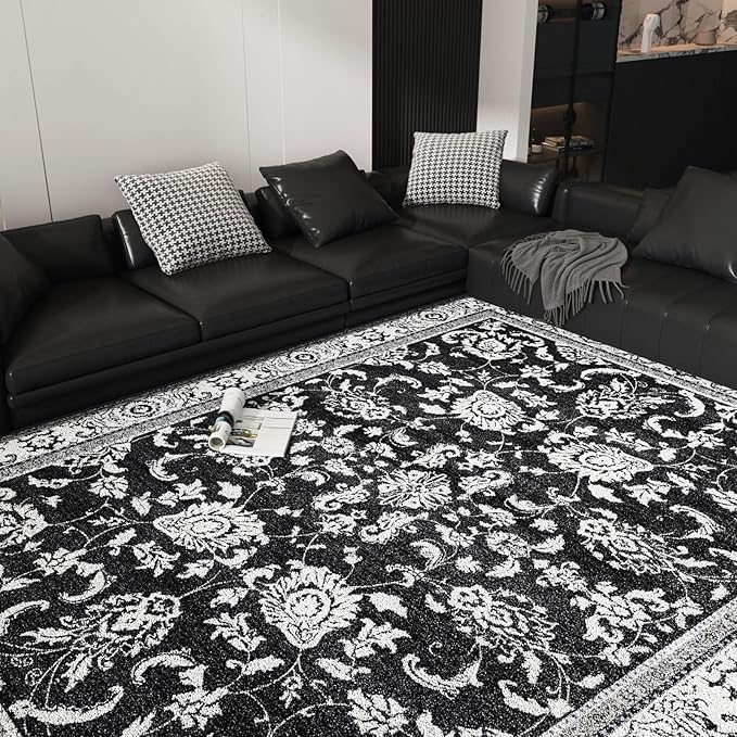 Machine Washable Area Rugs, Vintage Soft Rugs for Living Room Non Slip Large Area Rug 6x9 Carpet for Bedroom Under Bed/Dining Table Home Office | Black White