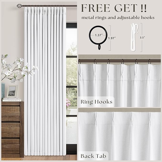 Snow White Pinch Pleated Blackout Linen Curtains 86 Inches Long for Bedroom Pleated 100% Black Out Drapes with Liner Modern Farmhouse Extra Long 86 Inch Window Curtain Panel for Living Dining Room
