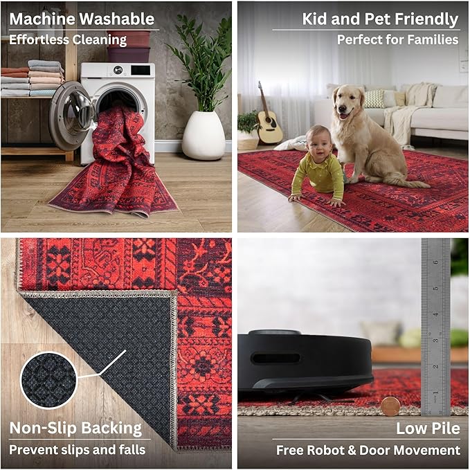 Bloom Rugs Washable Non-Slip 4' x 6' Rug - Red Traditional Bordered Area Rug for Living Room, Bedroom, Dining Room, and Kitchen - Exact Size: 4' x 6'