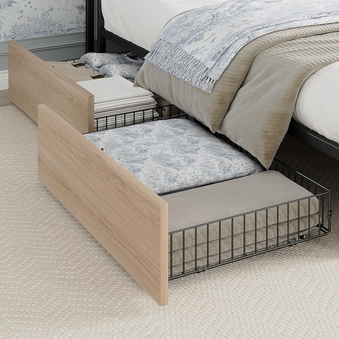 LIKIMIO King Bed Frame with 4 Storage Drawers, Platform Bed with Charged Headboard, Sturdy and Stable, No Noise, No Box Spring Needed, Easy to Install, Wood and Cream