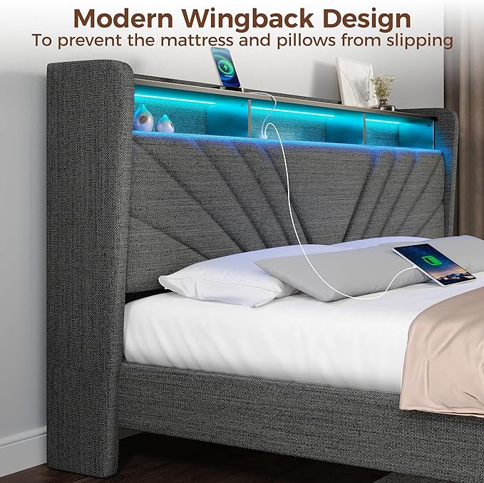 Rolanstar King Size Bed Frame, Storage Headboard with Charging Station and LED Lights, Upholstered Bed with Heavy Duty Wood Slats, No Box Spring Needed, Noise Free, Easy Assembly, Dark Grey