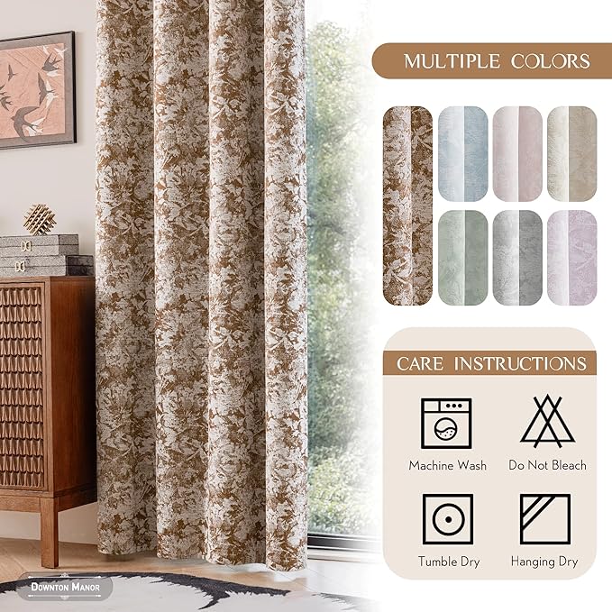 Beauoop Brown Floral Jacquard Blackout Curtains 96 Inches Long 2 Panels for Bedroom Living Room Chenille Flower Room Darkening Thermal Insulated Soundproof Grommet Window Treatments Drapes, 52x96
