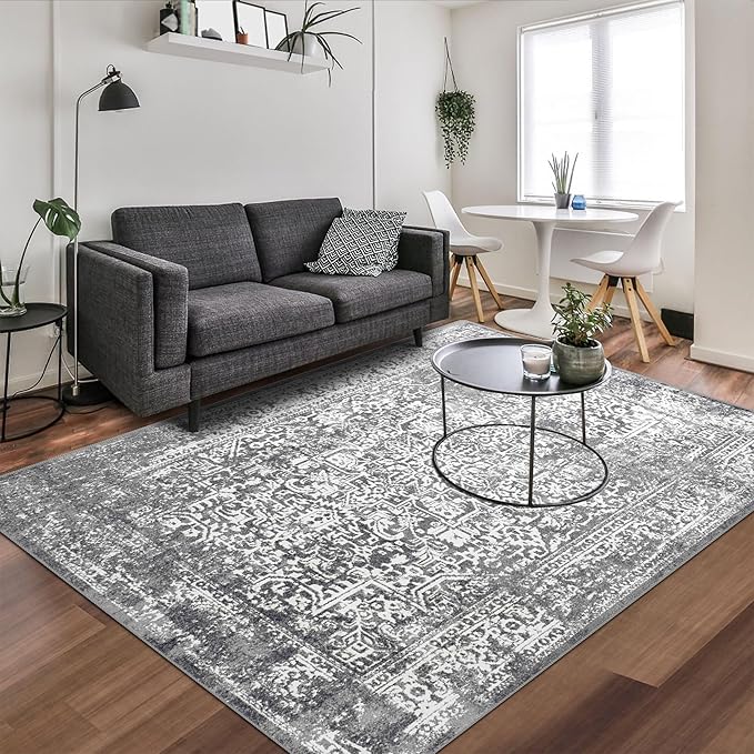 vivorug 8x10 Area Rugs, Stain Resistant Washable Rug for Living Room, Vintage-Inspired Grey Rug