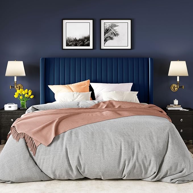 Allewie Full Size Velvet Bed Frame/Vertical Channel Tufted Wingback Headboard/Upholstered Platform Bed/Strong Wooden Slats/No Box Spring Needed/Easy Assembly/Blue