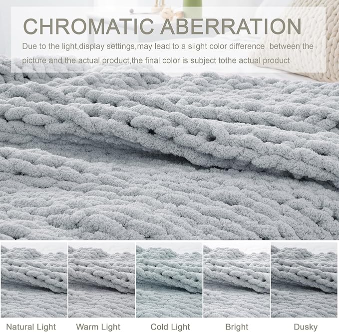 Chunky Knit Throw Blanket 50"X 60", 100% Handmade with Soft Chenille Yarn, 4.4lbs Thick Cable Knitted Blankets, Large Rope Knot Crochet Throws for Couch Sofa Bed Home Decor, Light Grey