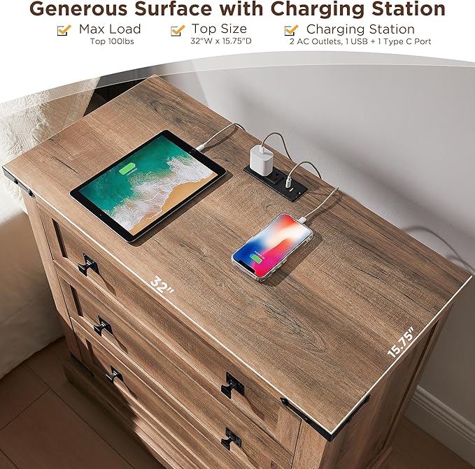 T4TREAM 32" Farmhouse Nightstand with Charging Station Set of 2, Large End Table with 3 Storage Drawers, Rustic Wood Bedside Table for Bedroom, Living Room, Rustic Oak