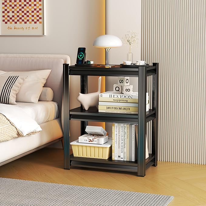 32'' Storage Shelves, 3Tier Garage Metal Shelving Unit, Adjustable, Double-Layer Column with Reinforced Ribs, Heavy-Duty, Capable of Bearing 1800 lbs, Suitable for Garage, Warehouse, Kitchen Storage