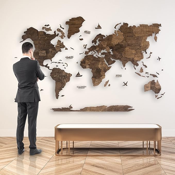 Handmade 3D Wood World Map Wall Art Large Wall Decor Track Your World Travels - Special for Home, Kitchen and Office (Medium, Walnut)