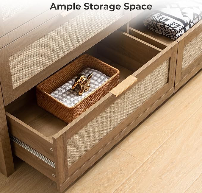 SICOTAS 7 Drawer Dresser for Bedroom, 57" Wide Rattan Dressers, Large Chest of Drawers for Bedroom, Dresser TV Stand, Boho Closet Organizer (Reclaimed Caramel Oak, 7 Drawers (1 pc))