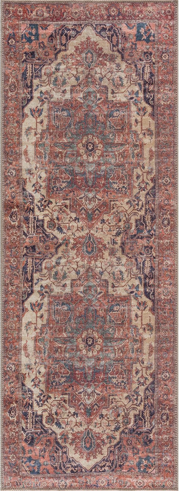 Bloom Rugs Washable 12 ft Runner - Beige/Terracotta Traditional Runner for Entryway, Hallway, Bathroom, and Kitchen - Exact Size: 2.5' x 12'