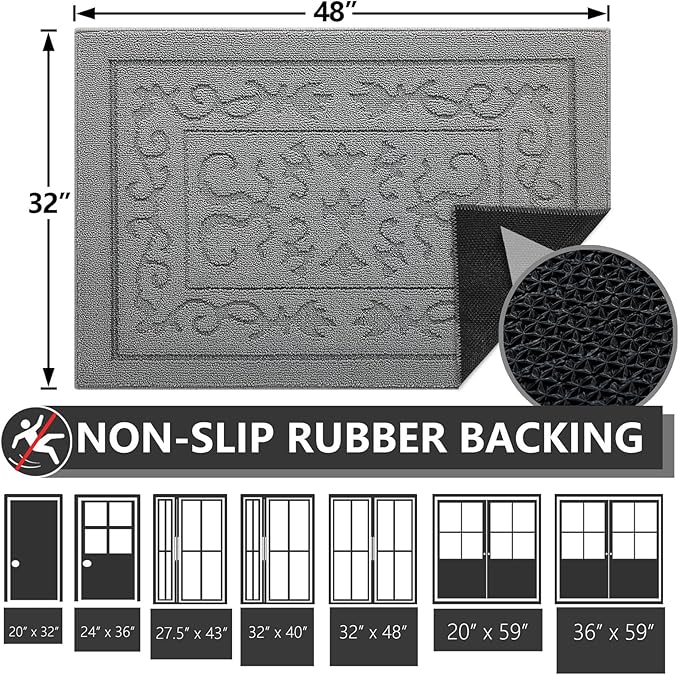 FONEYI Indoor Door Mat, Front Back Door Mat 32"x48" Non-Slip Rubber Backing Door Rug, Machine Washable Entry Rug, Low Profile Absorbent Dirt Trapper Doormat Inside Floor Mats for Entryway, Light Grey