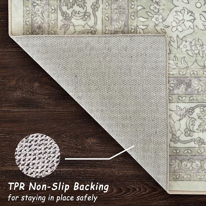 vivorug 3x5 Rug, Small Area Rug for Living Room, Bedroom, Kitchen, Machine Washable Non-Slip Throw Rug, Vintage Floral Carpet for Entryway Nursery Coffee Table - Durable (Sage Green)