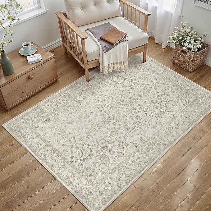 3x5 Taupe Area Rug Non Slip Vintage Office Entryway Rug Distressed Machine Washable Kitchen Carpet Traditional Retro Floral Accent Throw Door Mat for Bedroom Bathroom Dining Living Room