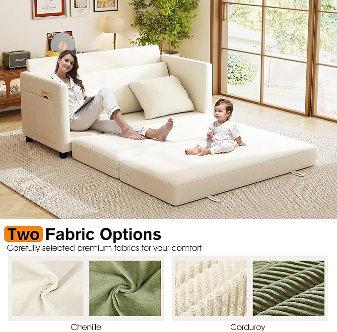65" Loveseat Sleeper Sofa Bed, Chenille Convertible Sofa Bed for Small Spaces, Folding Couch Bed with Deep Seat, Solid Frame, Pull Out Floor Couches for Living Room, Beige
