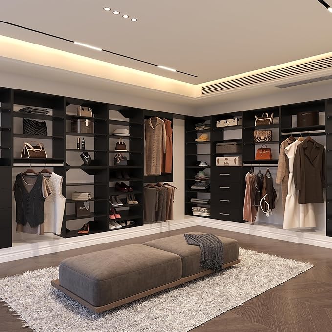 Medium Double Hanging Closet Unit, Modular Closet System, Wood Closet System Organizer with Storage for Walk in Closets, Clothing Rack Closet for Hanging Clothes, Bedroom, Black, 19.5" W
