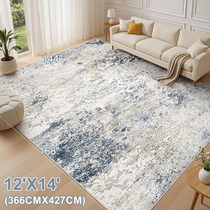Area Rug Living Room Rugs - 10x14 Abstract Large Soft Indoor Washable Rug Neutral Modern Low Pile Carpet for Bedroom Dining Room Farmhouse Home Office - Beige Blue