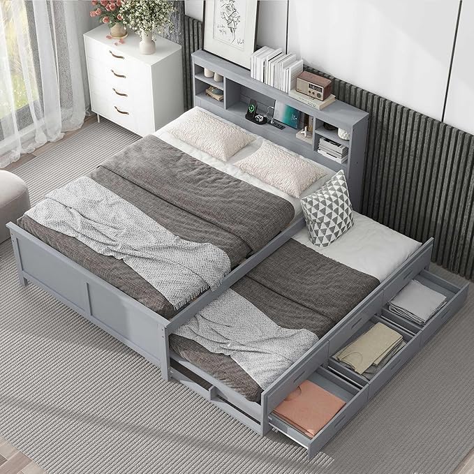 Platform Bed with Storage Headboard, USB, Twin Size Trundle and 3 Drawers, Full Size, Gray