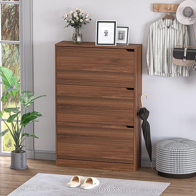Shoe Cabinet with 3 Flip Drawers, Slim Narrow Shoe Storage Cabinet, Freestanding Shoe Organizer with Adjustable & Removable Shelves, Top Display Shelf for Entryway, Hallway, Foyer, Closet
