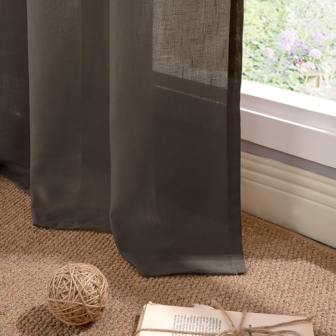 YoungsTex Brown Linen Curtains 63 Inches Long for Living Room Window, Light Filtering Drapes Semi Sheer with Grommet Privacy Decorative for Bedroom, 2 Panels, 52 X 63 Inch