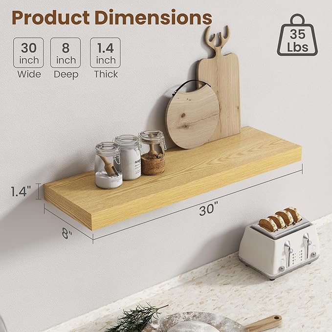 30 Inch Floating Shelves for Wall, 8 Inch Deep Floating Shelf for Storage & Display, Rustic Wall Mounted Shelf with Invisible Brackets for Living Room, Kitchen, Bathroom, Home Decor, Set of 2, Oak