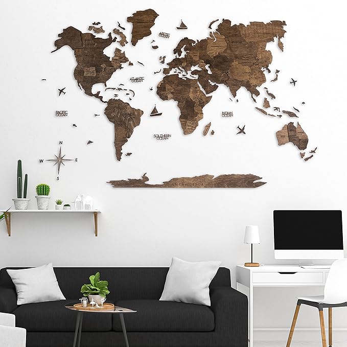 Handmade 3D Wood World Map Wall Art Large Wall Decor Track Your World Travels - Special for Home, Kitchen and Office (Medium, Walnut)