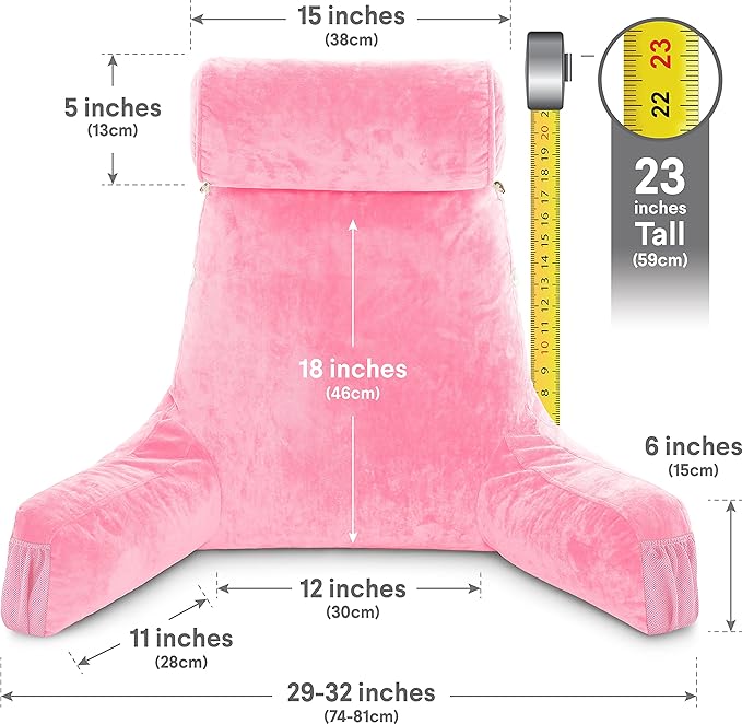 Husband Pillow Medium Pink, Backrest for Kids, Teens, Petite Adults - Reading Pillows with Arms, Adjustable Loft, Plush Memory Foam, Bed Rest Chair for Sitting Up, Detach Neck Roll, Removable Cover
