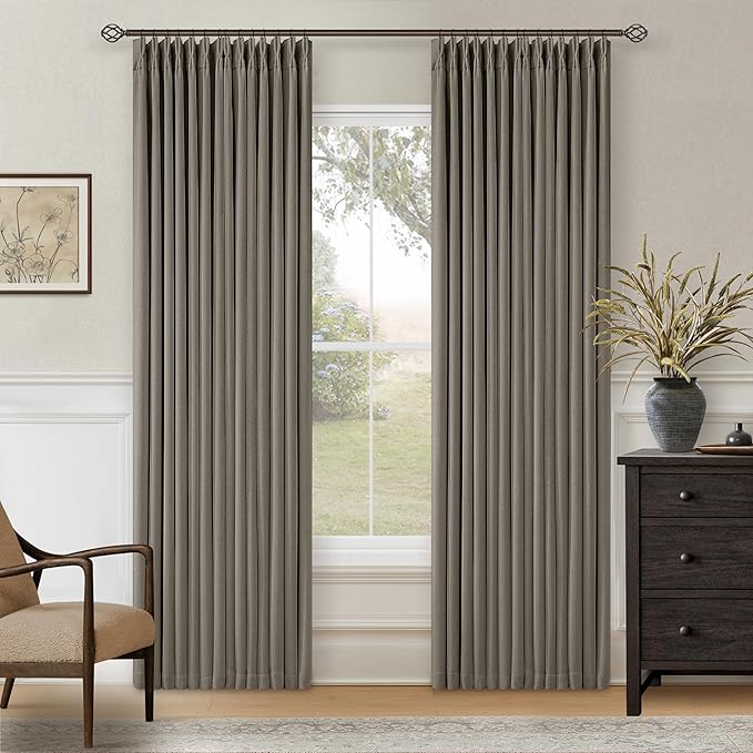 Taupe Pleated Linen Blackout Curtains 84 Inches Long for Bedroom Living Room Pinch Pleat Black Out Thermal Insulated Ring Hooks Back Tab Room Darkening Drape Brownish Gray 84 Inch Curtains with Liner