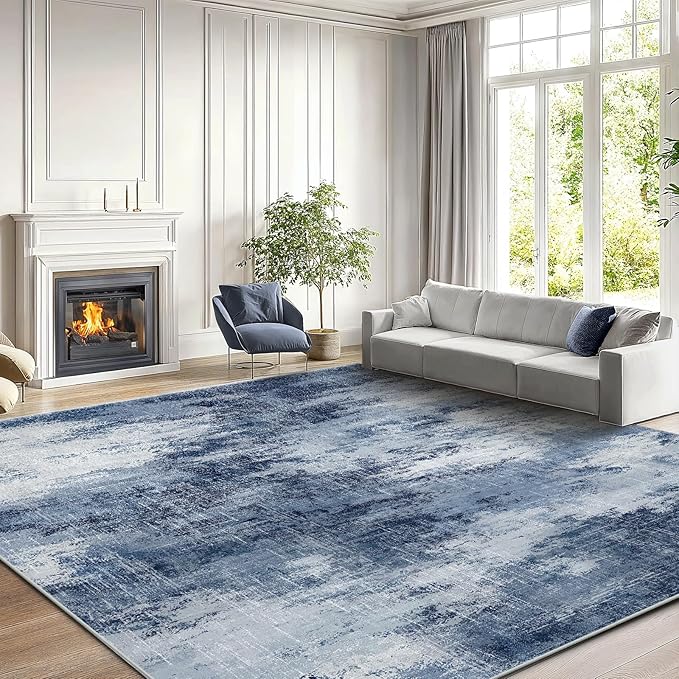 AMADA HOMEFURNISHING 8x10 Area Rugs for Living Room, Modern Washable Rug with Non-Slip Backing & Low Pile, Large Rug with Abstract Pattern for Bedroom, Dinning Room,Home Office, Dark Blue