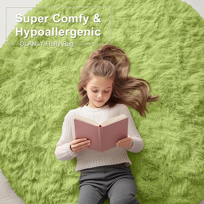 OLANLY Grass Green Round Rugs for Bedroom - Machine Washable, 9 ft Circle Area Rugs for Living Room, Soft and Fluffy Shaggy Carpet for Teen Girls and Boys, Nursery Rooms, Dorms, Home Decor Aesthetic