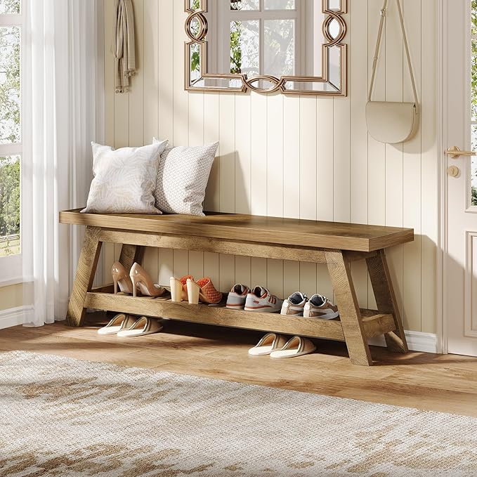Tribesigns 55" Wood Entryway Bench with Shoe Storage, Large 2-Tier Narrow Hallway Foyer Seating Bench with Open Shelves for Entryway, Bedroom, Mudroom