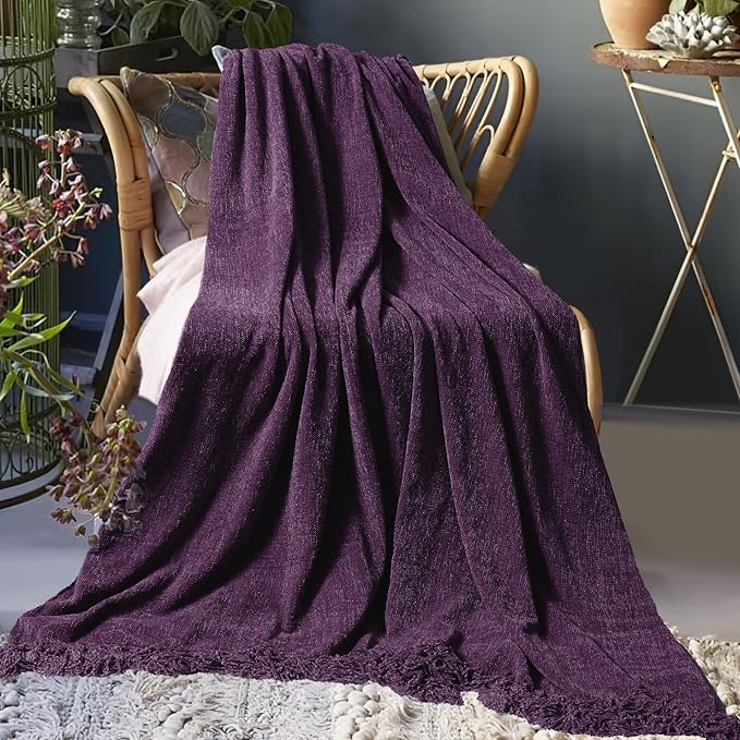 Chenille Throw Blanket for Couch 50"X 60", Soft Cozy Throws with Fringe Tassel for Bed Sofa Chair Cover, Lightweight Knitted Decorative Boho Blankets for Living Room, Dark Purple