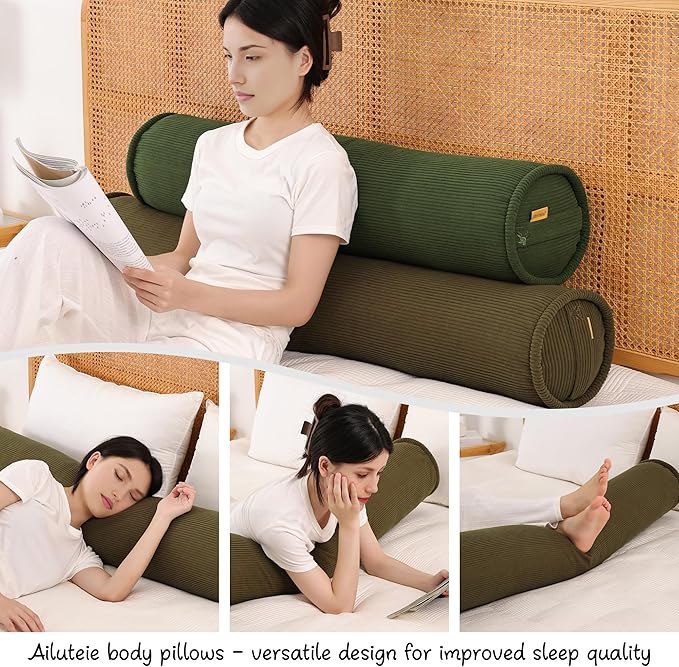Long Round Body Pillow for Adults – Corduroy Cervical Roll Bolster Pillow, Firm Support for Spine Alignment & Side Sleeping,47 x 7.87 Inches,Martini 0live