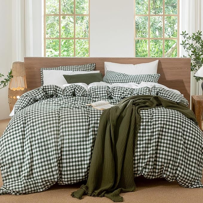 MooMee Gingham Duvet Cover Set 100% Washed Cotton Linen Like Textured Breathable Durable Soft Comfy Modern Checkered Design (Forest Green Gingham, Twin 68"x90")