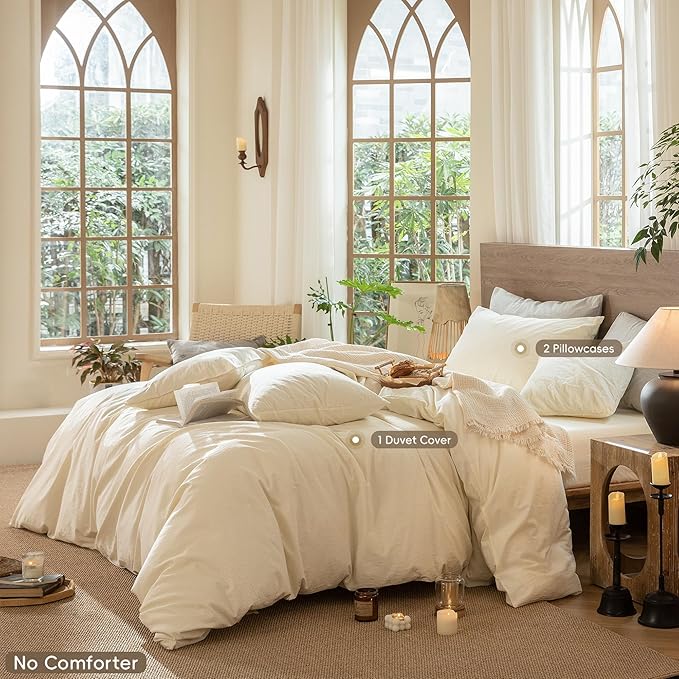 MooMee Wavy Striped Duvet Cover Set 100% Washed Cotton Linen Like Textured Breathable Durable Soft Comfy (Cream White, Cal King 104"x98")