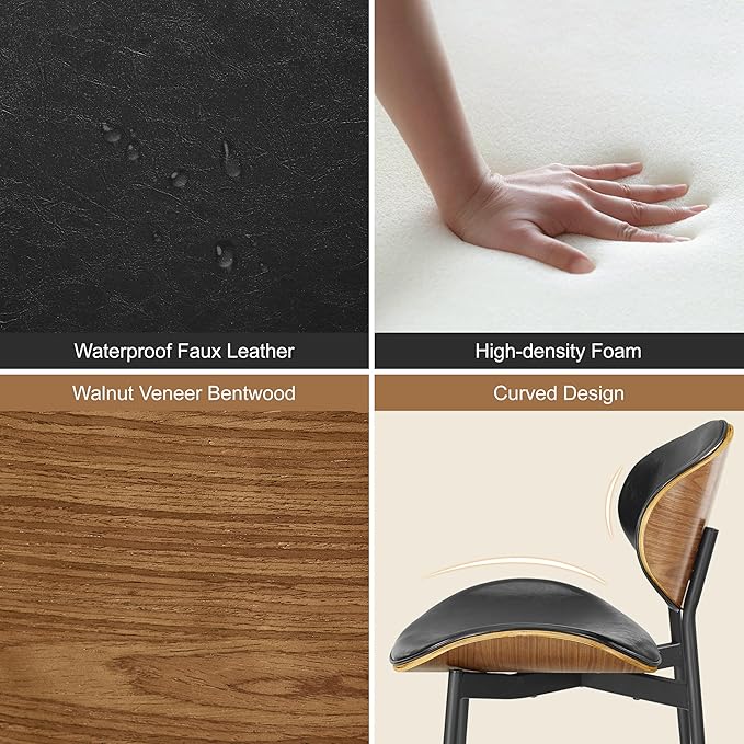 Art Leon Dining Chairs Set of 4, Walnut Bentwood, Mid Century Modern Chair, Black Faux Leather Kitchen Dining Room Chairs with Metal Legs, Accent Chairs for Bedroom