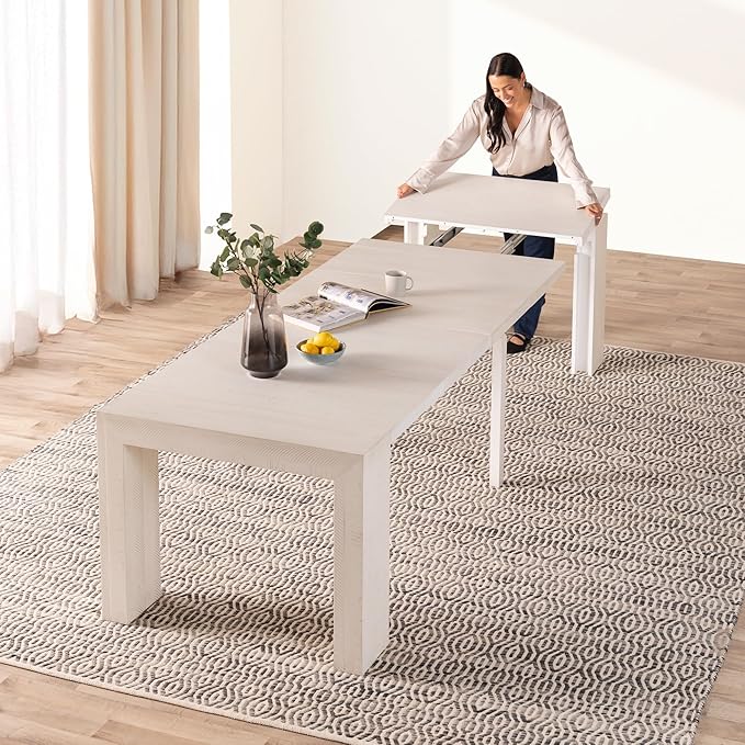 Transformer Table - Solid Wood Extendable Dining Table, Seats 2-12, Extendable Dining Room Table, Space-Saving Furniture, Expandable Dining Furniture (White, Table Only)