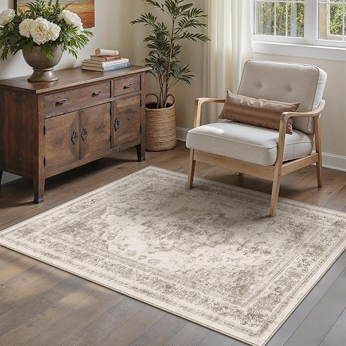 Area Rug 2x3 Beige Washable Entryway Vintage Medallion Carpet Non Slip Low Pile Soft Doormat Distressed Retro Indoor Small Rug for Kitchen Bedroom Laundry Bathroom