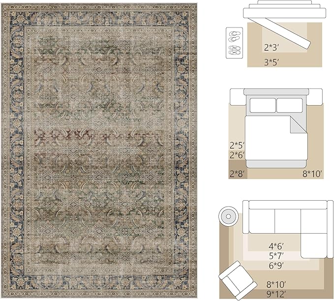 FMFUNCTEX 6x9 Washable Area Rug Brown Vintage Neutral Distressed Large Non Slip Carpet for Living Room Bedroom Soft Low Pile Indoor Mat Retro Throw Rug for Dining Room Kitchen Office Nursery, Multi