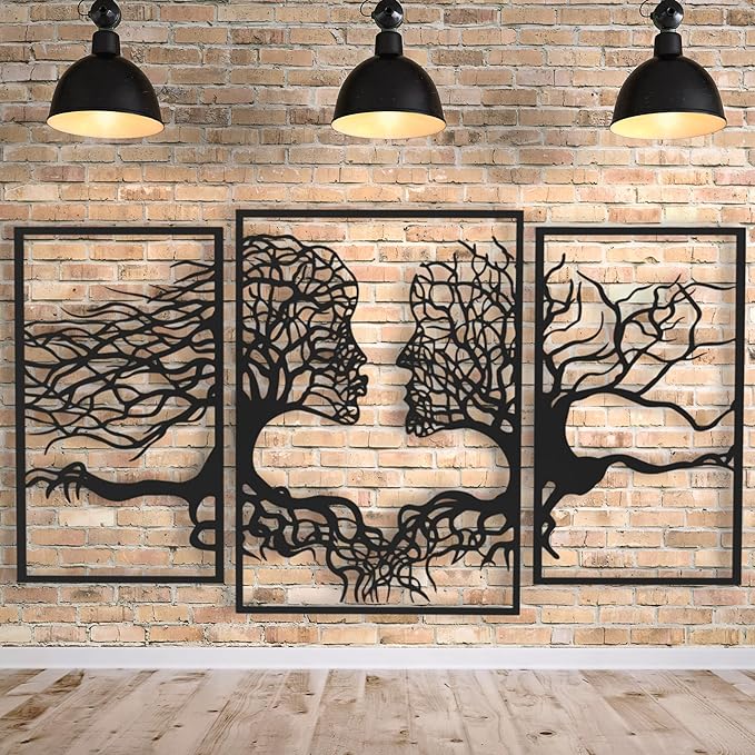 VAILLA Tree of Life Wall Wooden Art Abstract Tree Man Woman Face Large 3D Wooden Wall Decor Set of 3 Hanging Sculpture Modern Home Decoration 3D Textured Sculptures for Living Room Bedroom Office Dinnig Room (59"L x 35"W)