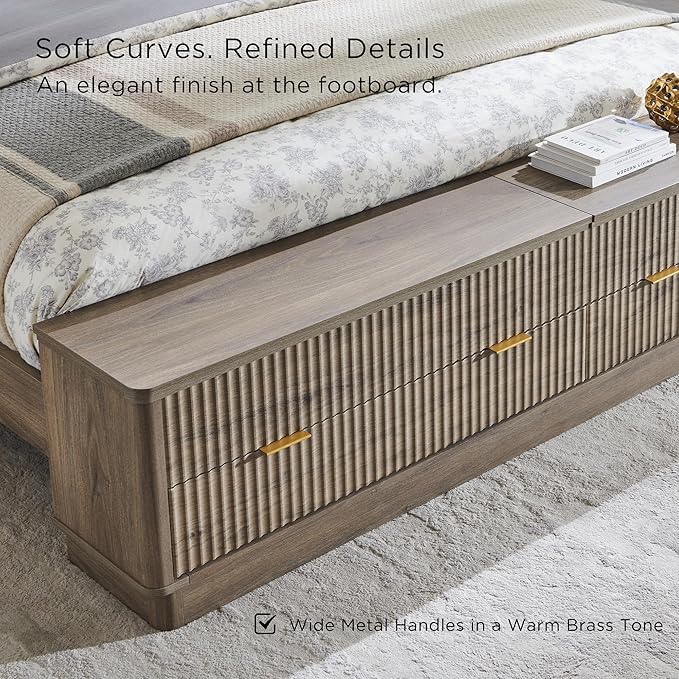 T4TREAM Fluted King Size Bed Frame with Wingback Headboard, Footboard Storage Bench with Built-in Drawers & Lift-Up Compartments, Wood & Steel Platform Bed, No Box Spring Needed, Grey Alder