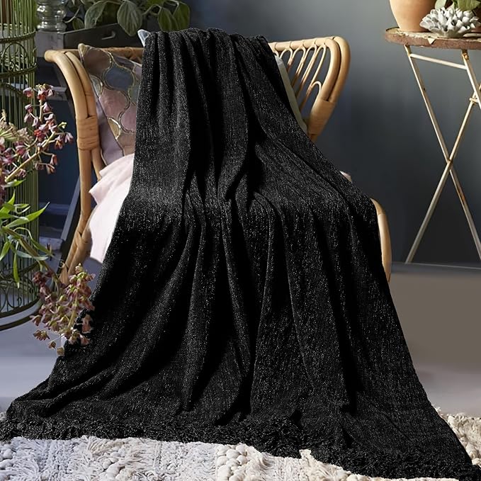 Chenille Throw Blanket for Couch 60"X 80" Twin, Soft Cozy Throws with Fringe Tassel for Bed Sofa Chair Cover, Lightweight Knitted Decorative Boho Blankets for Living Room, Black