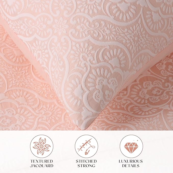 Superior 3 Piece Bedspread Set, Home Bed Decor, Decorative Bed Spread, 2 Pillow Shams, Medium Weight Blanket, Floral Matelasse Coverlet, Bedding Essentials, Enzy Collection, Full, Peach