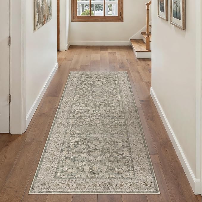 Brown 2x5 Runner Rug Vintage Area Carpet Hallway Indoor Kitchen Washable Low Pile Traditional Distressed Retro Accent Throw Rug Non Slip for Laundry Bathroom Office