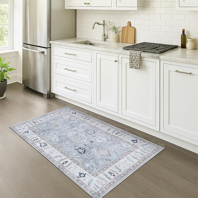 Fame Rugs Gray Modern Oushak Rug 3x5, Washable Vintage Turkish Colorful Oriental Antique Inspired Foldable Small Area Rugs, Luxury Living Room Bedroom (Gbeige, 2'6" x 5')
