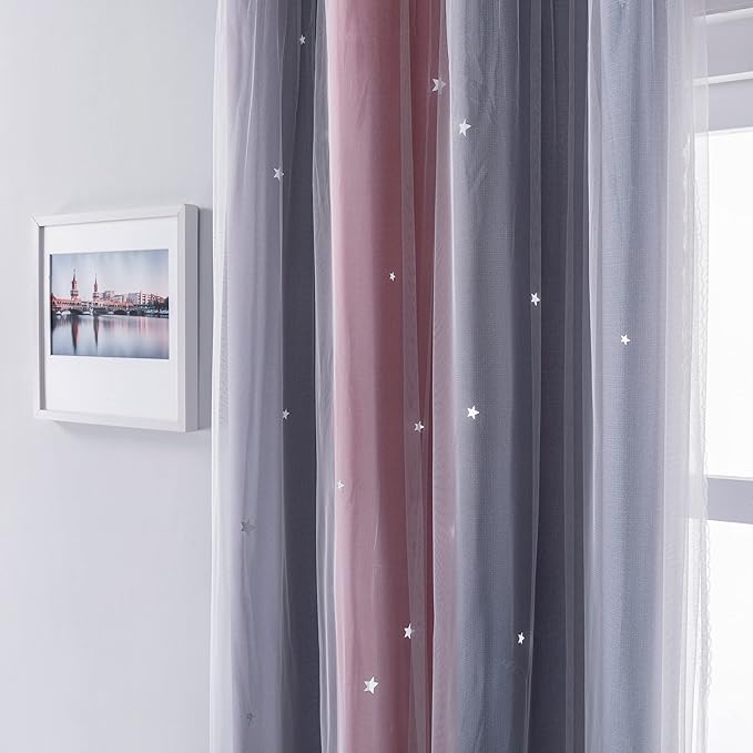 XiDi Curtains for Bedroom Decor, Rainbow Pink-Grey-34-96